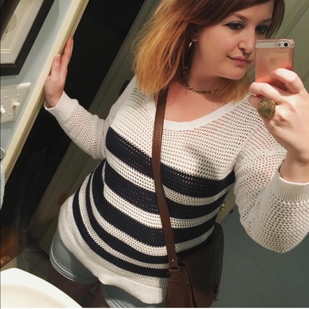 Loose Knit White & Navy Stripe Sweater